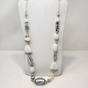 Chicos White Silver Tone Metal Glass Bead Long Necklace Chunky Boho Southwestern